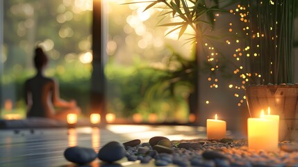 Obraz na płótnie Canvas Serene Yoga Space with Candles and Magical Fireflies - Generative AI