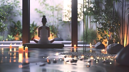 Serene Meditation Session with Candles and Water Reflection - Generative AI