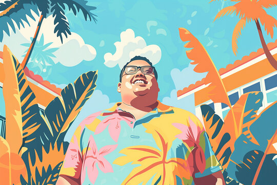 Cartoon illustration of a Man with Down syndrome living his best life in Hawaii
