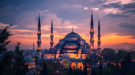 Fototapeta na wymiar Breathtaking Sunset View of the Blue Mosque in Istanbul - Generative AI