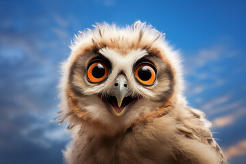 Fototapeta premium A portrait of a tiny owl against a backdrop of blue sky, showcasing its adorable features and natural habitat. This enchanting image captures the beauty and majesty of these nocturnal creatures