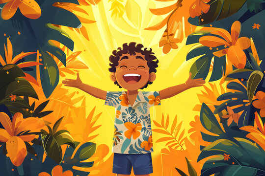 Cartoon illustration of a Boy child in a tropical forest, arms outreached in joy