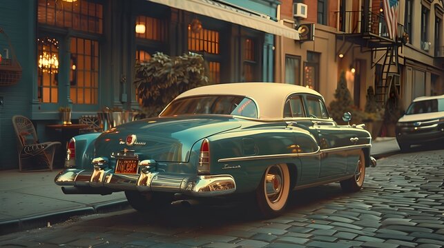 Fototapeta Vintage Car Parked on Cobblestone Street at Twilight - Generative AI