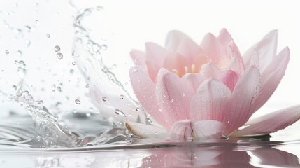 A delicate pink lotus flower partially submerged in water with petals falling and water droplets creating a splash, set against a white background