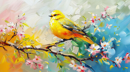 Yellow Bird Sitting on Spring Branch Acrylic Painting. Canvas Texture, Brush Strokes.
