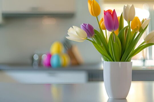 A vase of colorful tulips sits on a kitchen counter, brightening the space with a touch of spring and natural beauty.