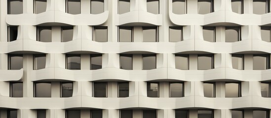A monochromatic image of a tower block showcasing its grey facade with rows of rectangular windows, creating a captivating pattern and symmetry