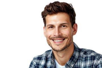 Fototapeta premium Studio portrait of a handsome young white Americana man with a beautiful smile wearing casual outfits looking at camera, isolated on transparent png background.