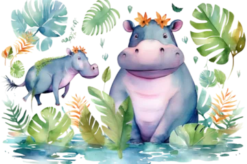 Foto op Aluminium design drawn summer tree two cute hand jungle hippopotamus watercolor cartoon trendy tropical brazil isolated animals family hippo illustrations leaves animal © akk png