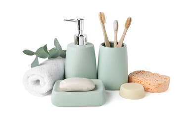 Bath accessories. Different personal care products and eucalyptus branch isolated on white