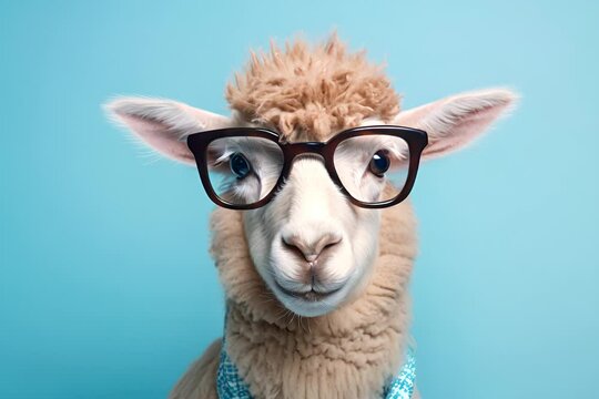A whimsical photo of an alpaca wearing glasses, posing against a light blue background, exuding charm and intellect.