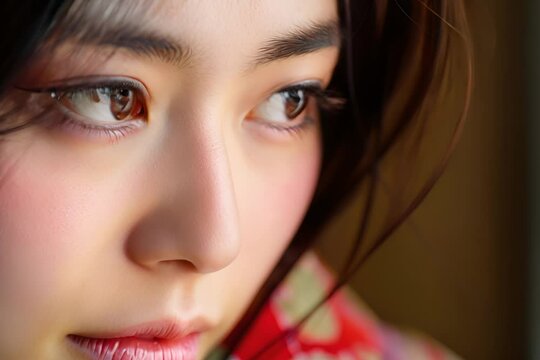 A close-up portrait of a woman's face, focusing on her eye with a contemplative expression. The detailed image captures the beauty and depth of her gaze, highlighted by natural light.