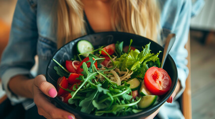 A woman eating a salad after a workout