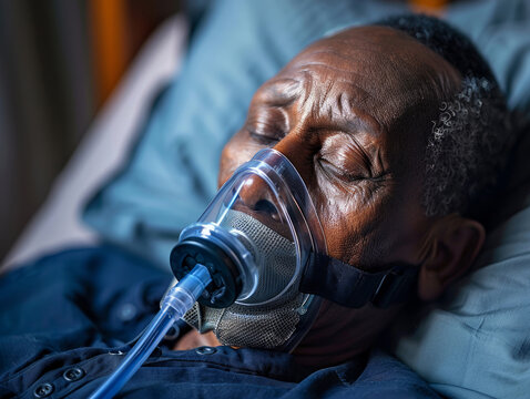 Uomo africano di mezza et&agrave; che indossa una maschera di ossigeno che dorme nel letto dell'ospedale , riprendendosi dopo la malattia in reparto ospedaliero,