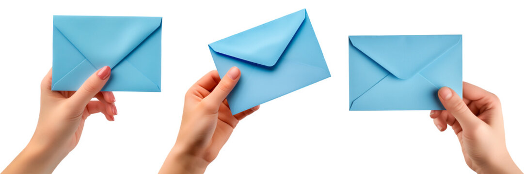 Set of hands hold a blue envelope on a white or transparent background. Close-up of a hand holding a paper envelope. To be inserted into a design or project.