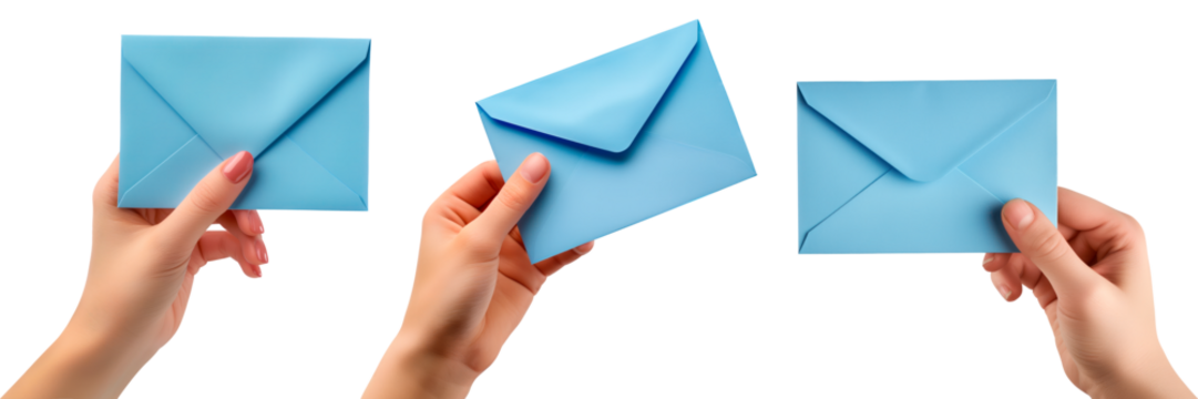 Set of hands hold a blue envelope on a white or transparent background. Close-up of a hand holding a paper envelope. To be inserted into a design or project.