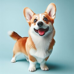 Full Body Portrait of Excited Cute Corgi Dog With Tongue Sticking Out And Smiling Looking At Camera...