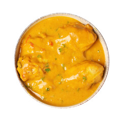 Tasty chicken curry isolated on white, top view