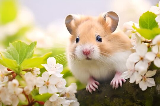 An adorable hamster peeks out among white spring flowers, its big eyes and fluffy fur surrounded by fresh green leaves and blossoms.