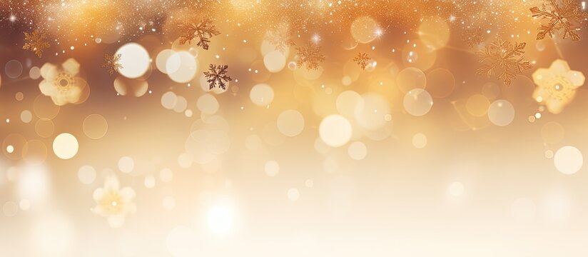 A blurred Christmas background with snowflakes, lights, and warm tints of brown, amber, and peach creating a cozy pattern. Macro photography enhances the wood textures and sky circle shapes