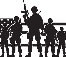 Silhouettes of American soldiers with guns and backpacks