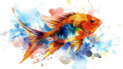 Goldfish on a white background using watercolors, showcasing vibrant hues and delicate brush strokes