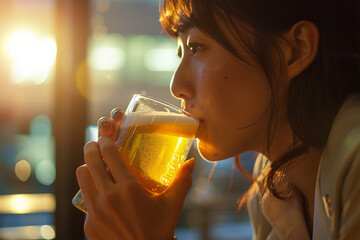 ビールを飲む日本人女性 - obrazy, fototapety, plakaty