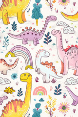 Dinosaurs and Flowers Pattern on White Background