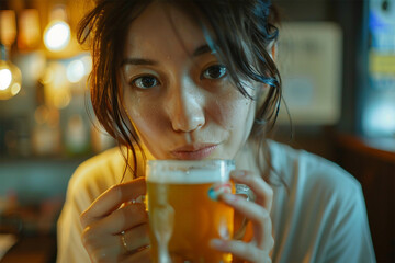 ビールを飲む日本人女性