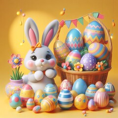 Easter day and cute cartoon grey bunny with wicker basket and colorful eggs on yellow plain background