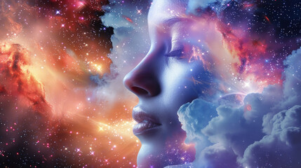 Charming womans face is enveloped by clouds and twinkling stars, creating a surreal and magical atmosphere