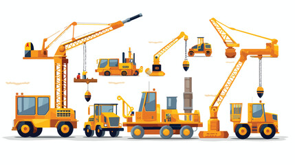 Flat icon A construction set with toy trucks cranes