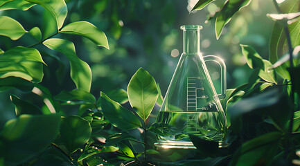 A laboratory flask standing amidst plants