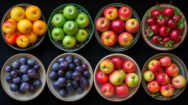 A Table Topped With Bowls Filled With Different Types Of Apples And Plums Next To A Bowl Of Plums And A Bowl Of Plums.