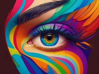 Intense gaze of a female eye, with a pupil adorned in a spectrum of vivid colors reminiscent of a rainbow.