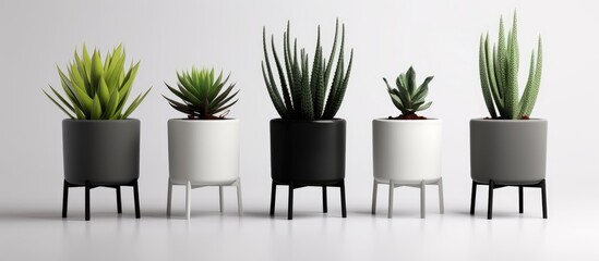 A row of houseplants in flowerpots is arranged on a table, creating a lovely display of greenery and color in the room