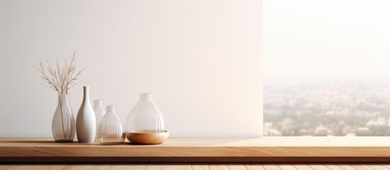 A hardwood table with tableware such as vases and a bowl on top, placed in front of a window. The serveware is made of wood, adding a natural touch to the room