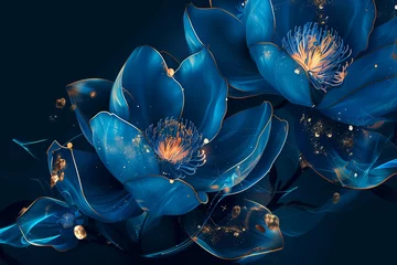 Gordijnen Digital art creation of a Glowing blue magnolia flowers with striking golden accents © alex