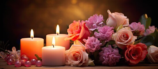 The table is decorated with a beautiful arrangement of pink candles, flowers, and petals, including...