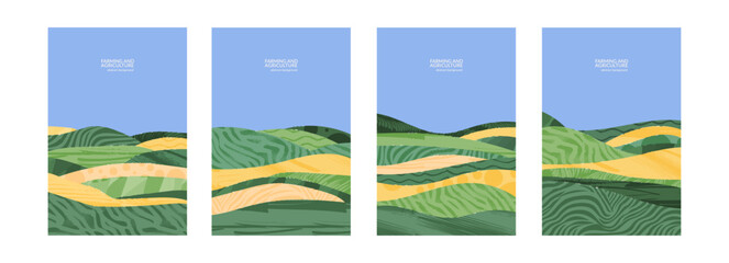 Fototapeta premium Agriculture farm green poster design. Agro landscape flyer. Ecology pattern card. Organic abstract field vector background. Agri business template. Set eco farmland illustration. Summer nature cover