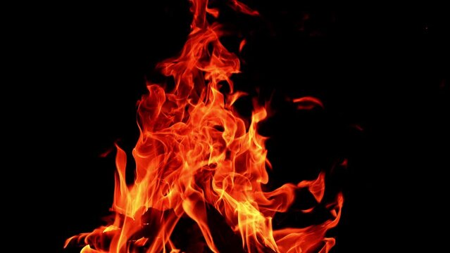 Large campfire rising up in the dark night. Dangerous flames lean to the side in the wind.