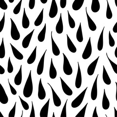 Hand drawn black drops over white arranged in vector seamless pattern. Appealing surface art texture with irregular black droplets for printing or use in graphic design projects.  