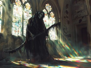 Grim Reaper holding scythe ominously.
