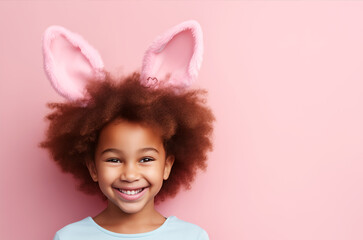 Obraz na płótnie Canvas Fun, cute, happy African American girl wearing Easter pink bunny ears on pink background. Funny teenage girl with bunny ears, playful mood. Adorable little African American girl, girl with curly hair
