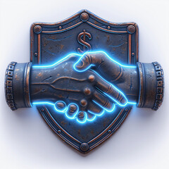 a digital shield icon with a handshake sign at the center,  striking blue neon glow and representing financial security and trust in the digital age.