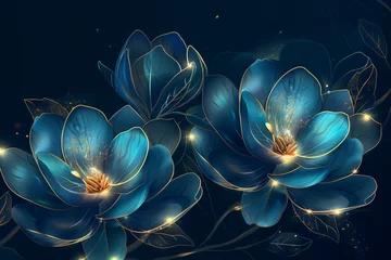 Fotobehang Digital art creation of a Glowing blue magnolia flowers with striking golden accents © alex