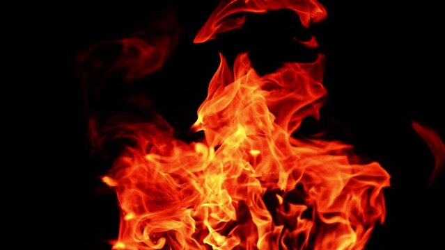 Dangerous fire with hot flames going up. Campfire at dark night. Close up.