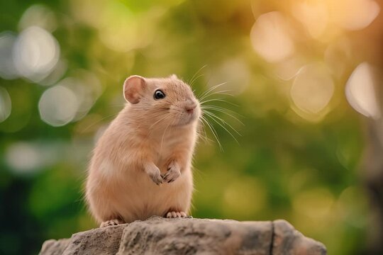 A curious gerbil stands on a rock, looking around with a natural green background illuminated by sunlight.