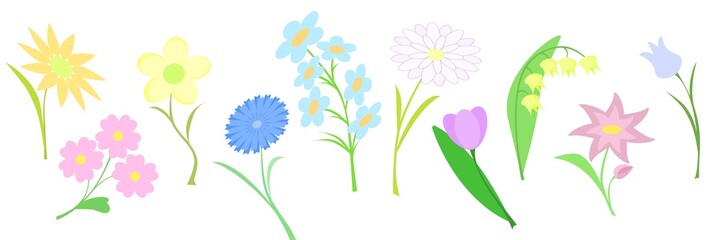 A set of 10 spring branches of different shapes and different colors: yellow, orange, pink, blue, light blue, violet. Flowers on a white background, each item separately.