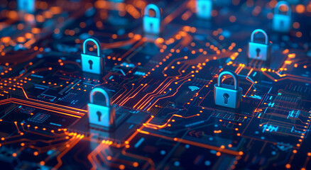 padlocks on a digital circuit background, illustrating strong cybersecurity measures. The glowing orange locks represent a robust defense against cyber threats - obrazy, fototapety, plakaty